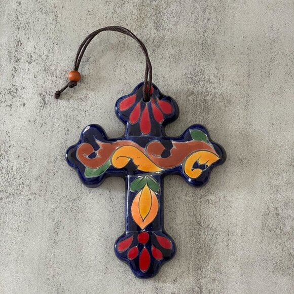 Talavera Hand Painted Cross Wall Hang Multicolor Ceramic GTO Guanajuato Mexico - Picture 2 of 9